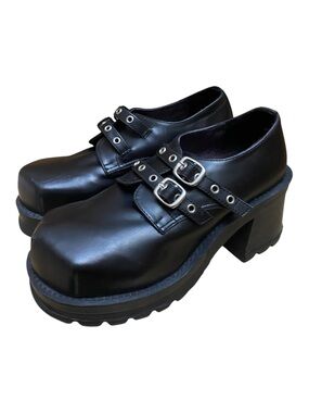 Demonia Womens Trump-102 Black Tall Loafer Shoes Stomp Goth Chunky